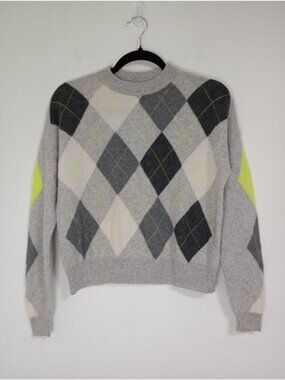 Brodie Fine Cashmere Womens Argyle Print Crewneck Sweater Small 100% Cashmere